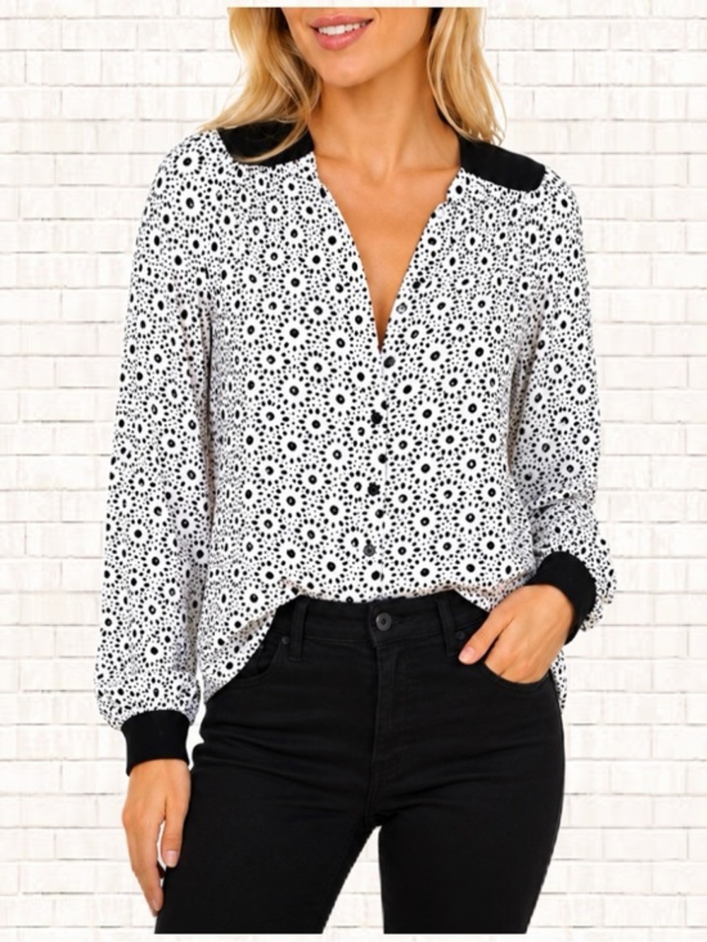 bellatrix ivory black patterned blouse keyhole back button down XS NWOT OBO
